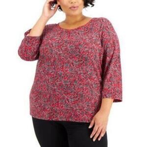 Karen Scott Plus Size Printed 3/4-Sleeve Top New Red Amore 1X